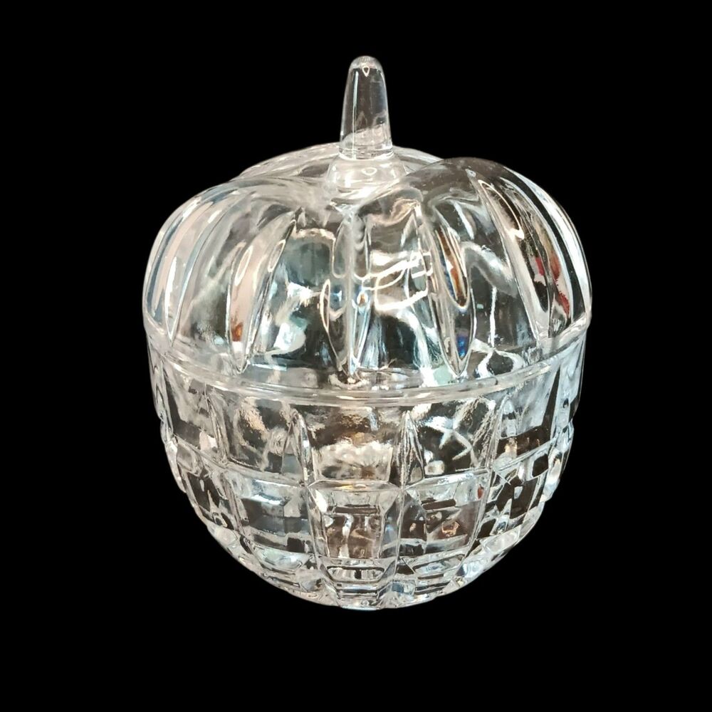 Clear Glass Pumpkin Jar Trinket Dish With Lid  Fall Autumn Halloween 4" x 3.5"